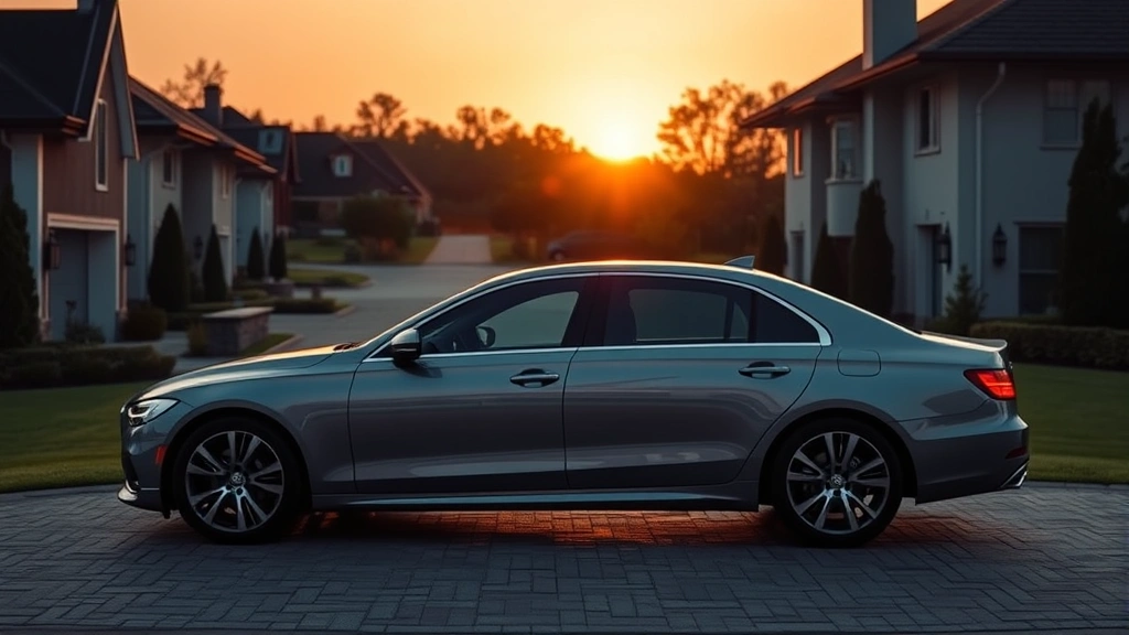 Luxury sedan parked on exclusive driveway at sunset, featuring elegant proportions, refined design details, and premium exterior finish with soft warm lighting