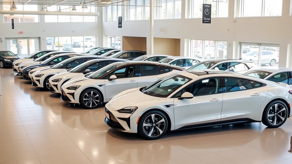 Diverse lineup of modern vehicles arranged in sunlit automotive dealership showroom, showcasing sedans, SUVs, and electric models with contemporary design language, professional automotive photography