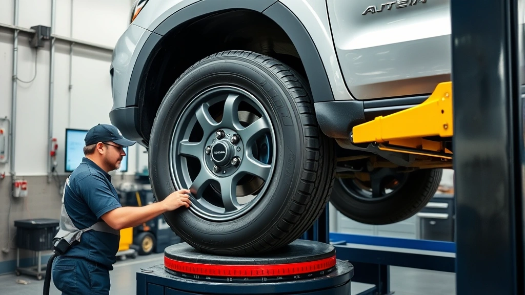 Technician rotating and balancing vehicle tire on computerized wheel balancer with vehicle lifted on hydraulic lift