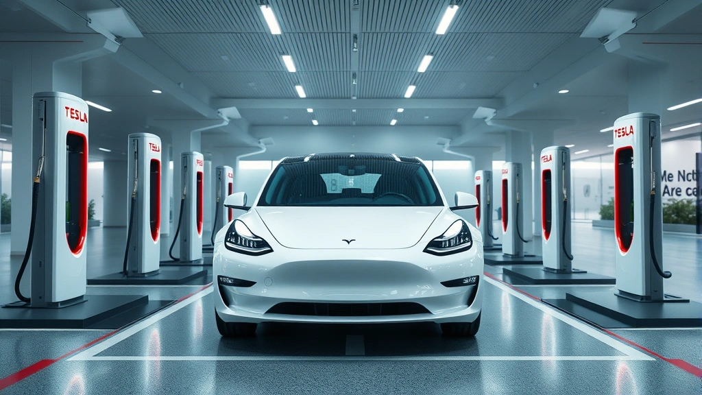 Tesla Model 3 white sedan photographed from front angle in modern charging station environment with contemporary architecture, minimalist aesthetic, futuristic setting