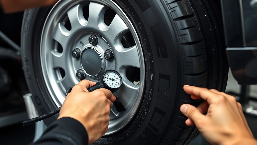 Tire maintenance technician using air pressure gauge on vehicle tire, measuring tread depth with penny test, wheel hub and tire tread clearly visible, professional garage environment with proper lighting