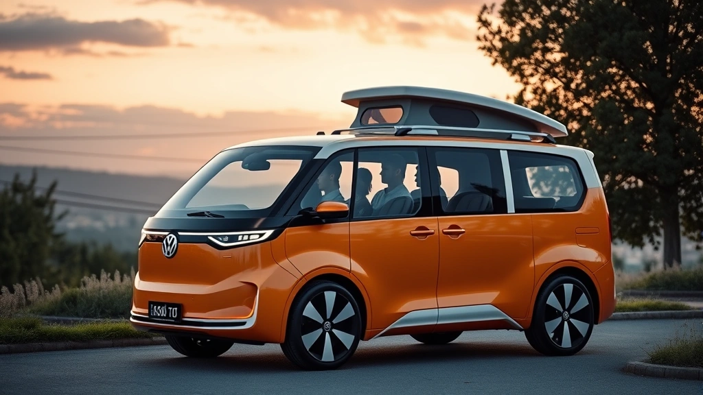 Volkswagen ID.Buzz electric microbus retro-modern design parked scenic family setting panoramic windshield distinctive styling contemporary transportation solution