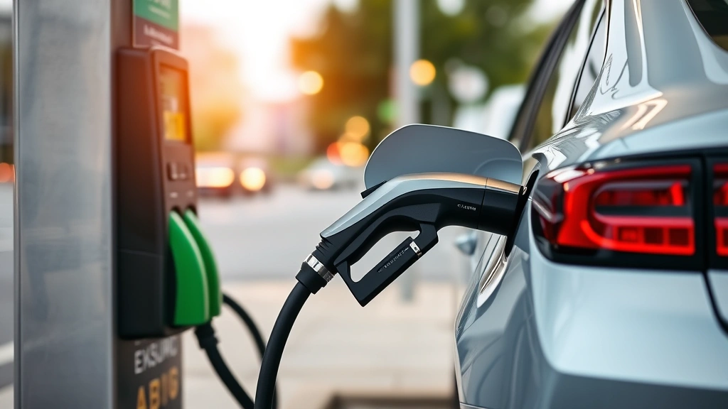 Hybrid vehicle charging at gas station pump with blurred city background, depicting refueling convenience and practicality of hybrid ownership