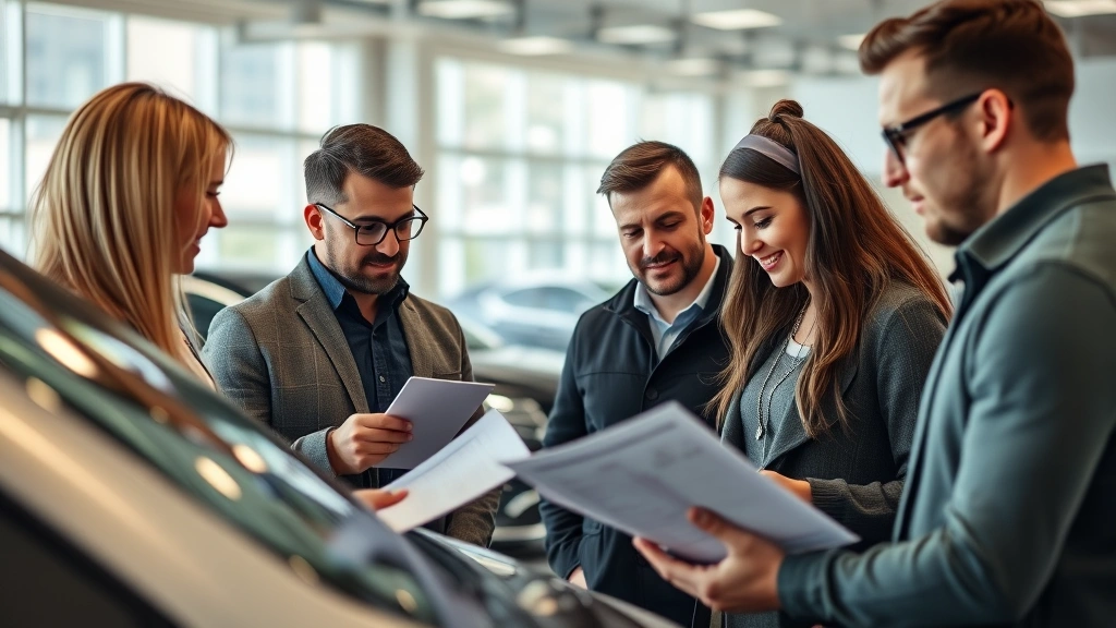 Diverse group of people examining vehicle specifications and features at dealership showroom, consulting documents, natural indoor lighting, realistic scene