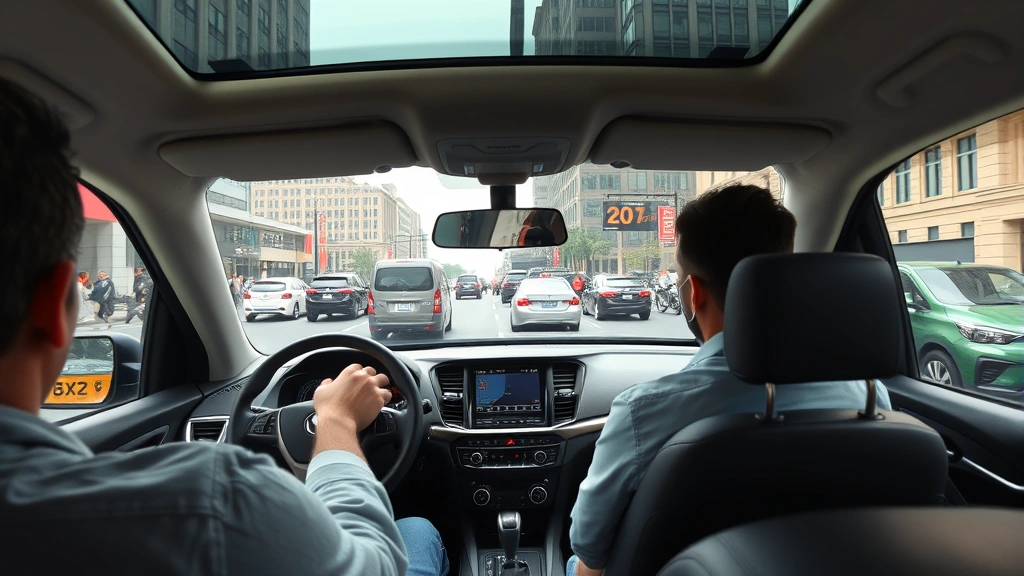 Diverse driver commuting in city traffic, hybrid SUV from driver's perspective, busy urban street with pedestrians and buildings, showing real-world driving scenario