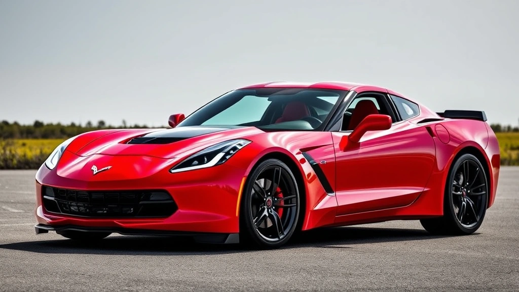 Chevrolet Corvette Stingray sports car mid-engine design, bright red exterior, dynamic side profile view, professional sports car photography, natural daylight