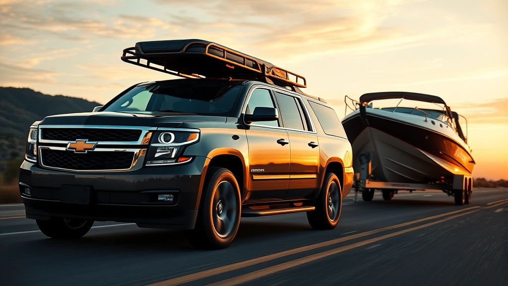 Chevrolet Suburban full-size SUV loaded for family road trip with roof rack and cargo carrier, towing boat trailer, highway setting with sunset sky, professional automotive commercial style