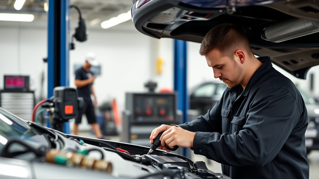 Professional automotive service technician performing precision maintenance work, diagnostic equipment visible, modern well-lit repair facility, hands-on vehicle care demonstration