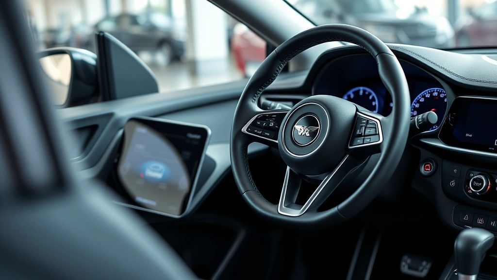 Compact sedan interior detail showing modern touchscreen infotainment system, premium steering wheel, and minimalist dashboard design with ambient lighting, photographed in showroom with natural lighting