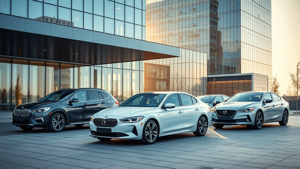 Exterior photograph of modern sedan fleet parked in contemporary urban environment with glass and steel architecture, showcasing diverse sedan designs from compact to full-size, late afternoon golden hour lighting emphasizing vehicle proportions and design language