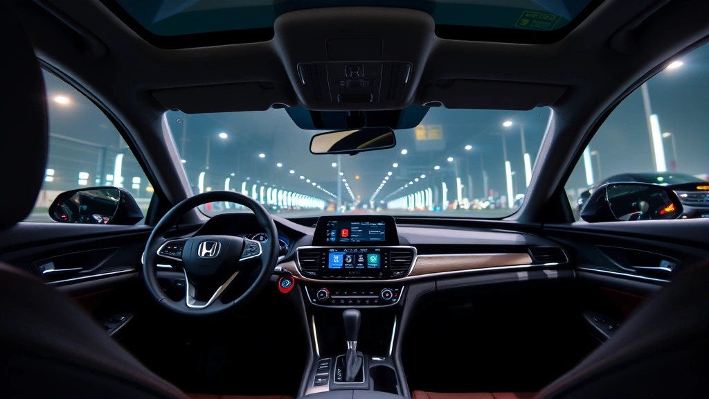 Honda Accord Hybrid sedan interior cabin, modern dashboard with touchscreen display, leather steering wheel, soft-touch materials, ambient lighting, premium interior ambiance, professional automotive interior photography