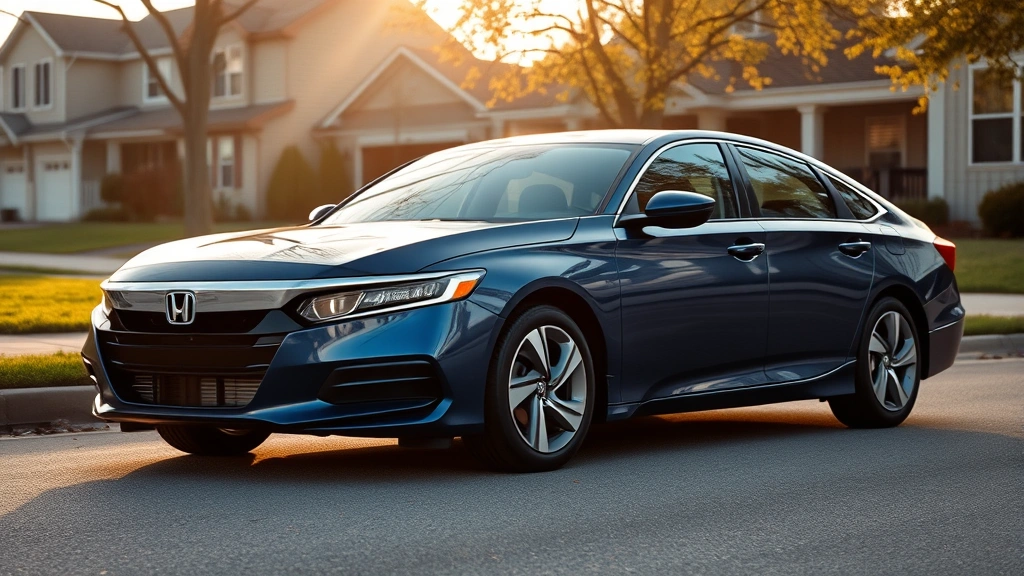 Honda Accord sedan in blue, side profile view in suburban neighborhood setting with morning light, reliable family sedan, practical and elegant design photography