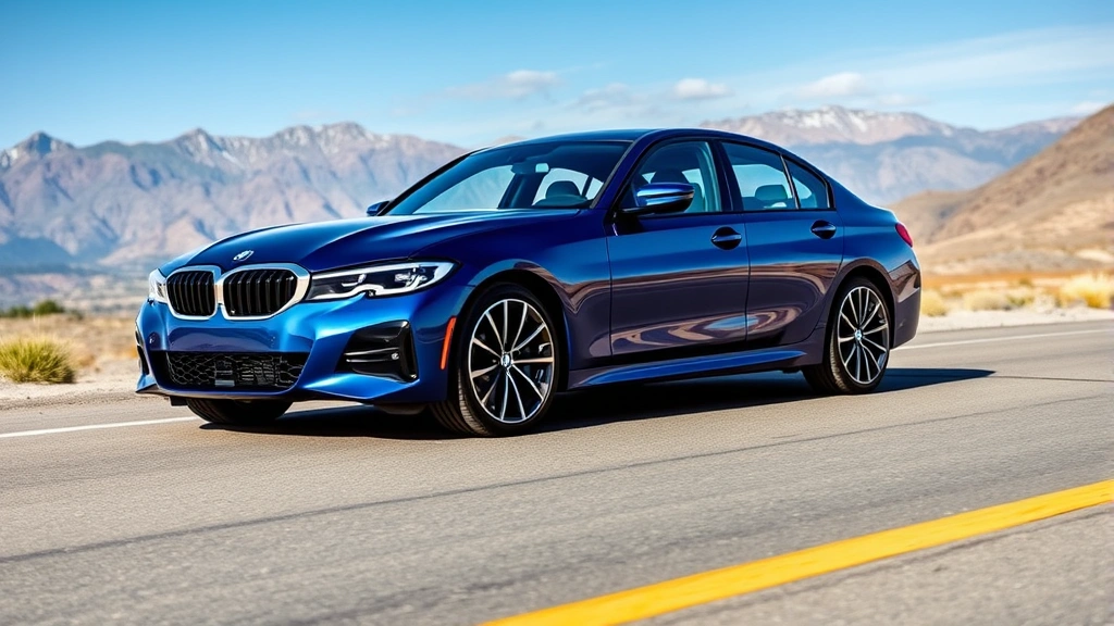 2024 BMW 3 Series in metallic blue photographed on an open road with mountain scenery background, dynamic angle emphasizing sporty design lines and performance-oriented stance