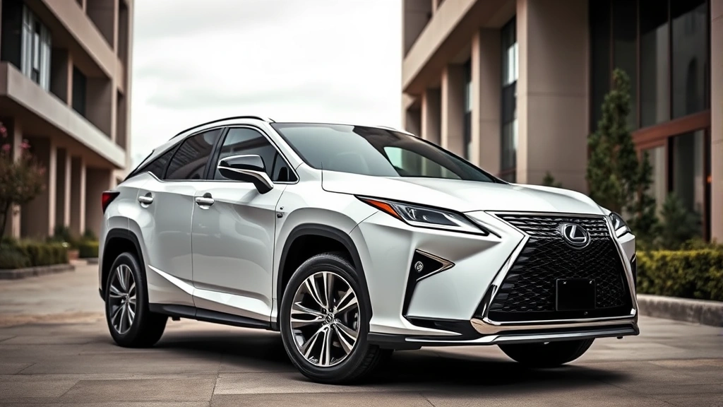 Lexus RX 500h F Sport luxury hybrid SUV pearl white exterior parked at upscale location with modern architecture, professional studio-quality automotive photography