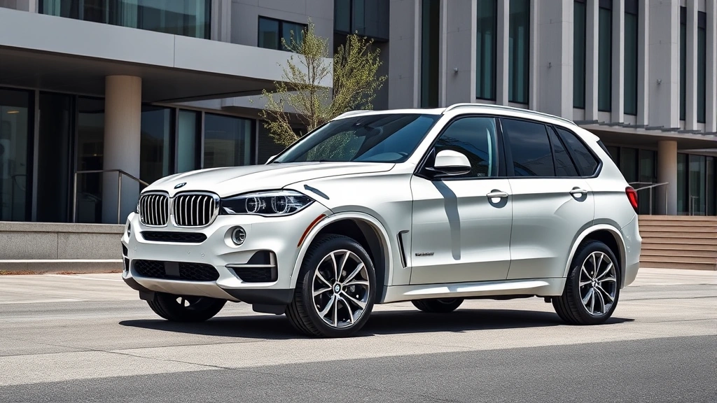 Luxury BMW X5 xDrive50e in Alpine White parked in contemporary urban setting, modern architecture background, professional automotive photography style, pristine condition