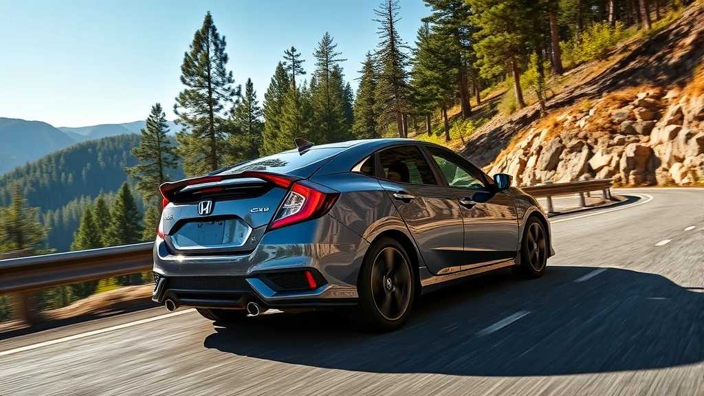 2024 Honda Civic hatchback on mountain road, dynamic driving angle, forest background, sunny weather, showcasing reliability in real-world conditions