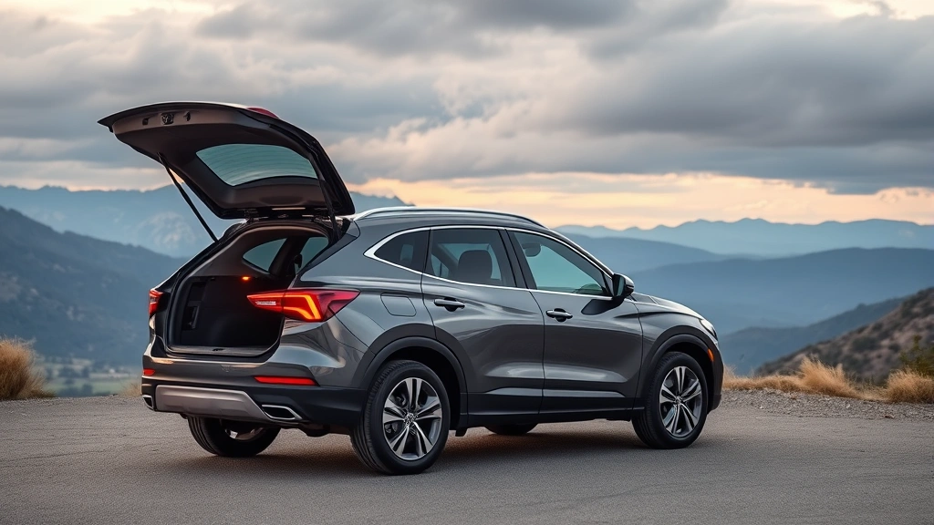 Premium SUV crossover parked on scenic mountain overlook, dramatic landscape background, vehicle profile showcasing spacious cargo design, modern LED headlights, professional automotive lifestyle imagery