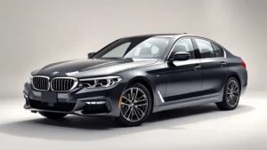 2024 BMW 5 Series luxury sedan photographed from three-quarter front angle, polished exterior reflecting sunlight, premium wheels, elegant lines, studio lighting background