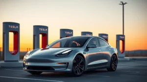 Sleek silver Tesla Model Y parked in modern charging station with minimalist Supercharger towers, sunset lighting, photorealistic, no text or logos visible