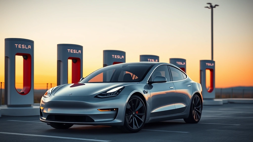 Sleek silver Tesla Model Y parked in modern charging station with minimalist Supercharger towers, sunset lighting, photorealistic, no text or logos visible