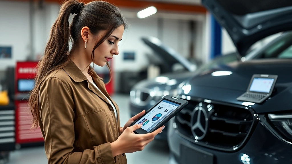 Professional female automotive journalist reviewing vehicle specifications on tablet in modern garage workshop setting with diagnostic equipment visible