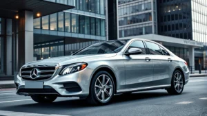 Sleek silver Mercedes-Benz E-Class sedan photographed from three-quarter angle on modern urban street with contemporary architecture background, professional automotive photography lighting, dynamic composition