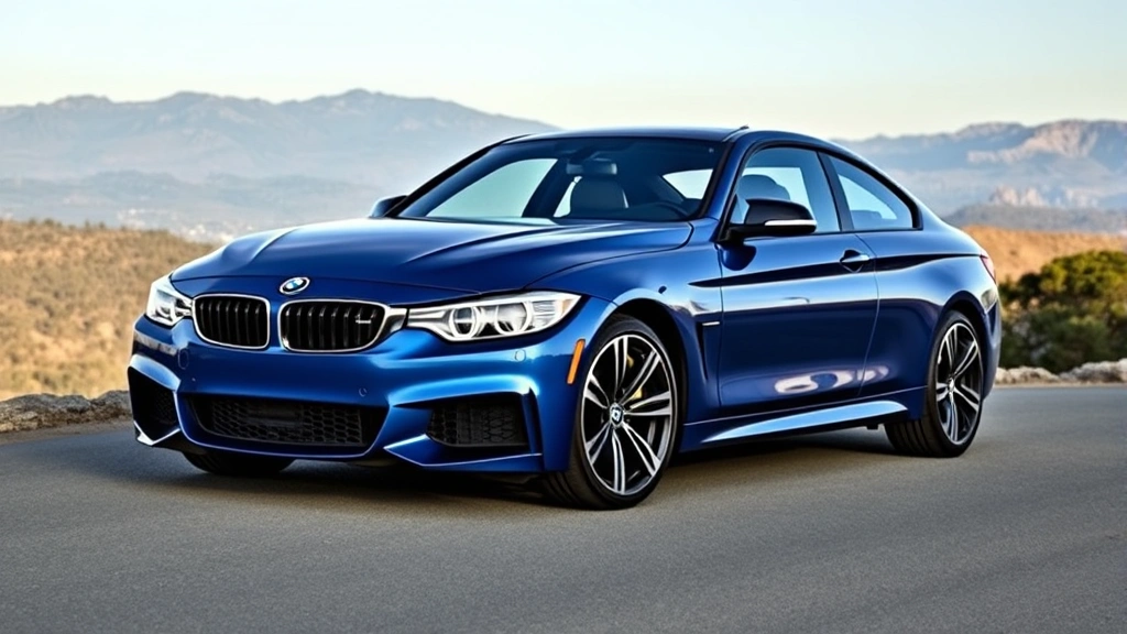 Professional luxury sedan BMW M440i xDrive in metallic blue paint parked on mountain overlook with scenic landscape background, daylight photography