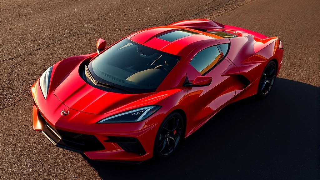 Red 2024 Chevrolet Corvette C8 mid-engine sports car photographed at three-quarter front angle on dark asphalt background, sunlight reflecting off aerodynamic body panels and distinctive split rear window design