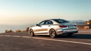 Luxury sedan in metallic silver driving on mountain road with scenic overlook, professional photography, natural daylight, pristine condition, modern design details visible