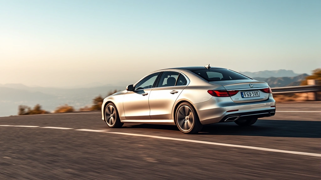 Luxury sedan in metallic silver driving on mountain road with scenic overlook, professional photography, natural daylight, pristine condition, modern design details visible