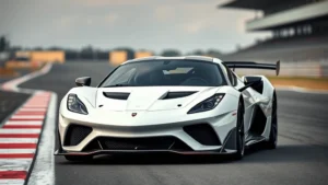 High-performance sports car with aggressive aerodynamic styling, sleek curves, racing wheels, captured from three-quarter front angle on empty race track with blurred background