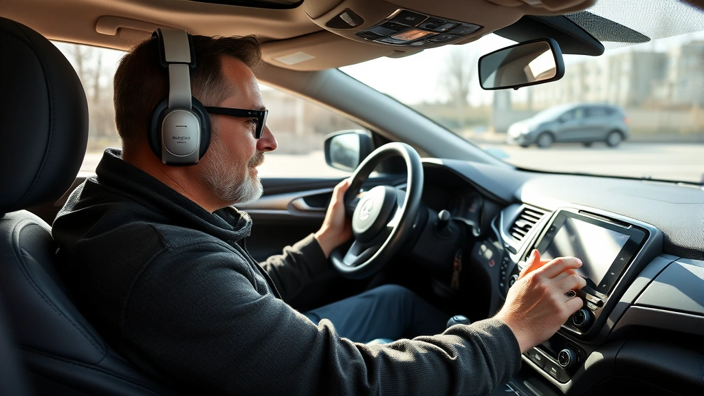 Professional automotive journalist evaluating vehicle interior during test drive, examining dashboard controls and seating comfort, natural daylight through car windows, focused expression