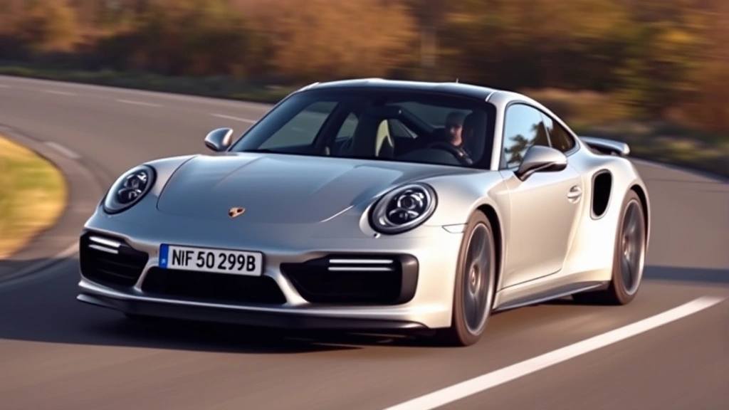 Porsche 911 Turbo S silver metallic mid-engine sports car photographed from three-quarter front angle on open road with blurred background motion