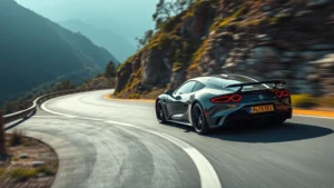 Professional automotive photographer capturing sleek sports car cornering on mountain road with dynamic lighting and blurred background emphasizing speed and precision handling performance