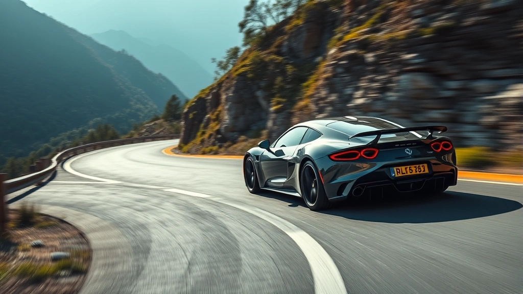 Professional automotive photographer capturing sleek sports car cornering on mountain road with dynamic lighting and blurred background emphasizing speed and precision handling performance