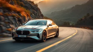 Professional automotive photographer capturing a 2024 luxury sedan in metallic silver, photographed from three-quarter angle on a winding mountain road, golden hour lighting, sharp focus on vehicle details and handling dynamics