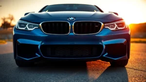 Low-angle front three-quarter view of sleek BMW M440i xDrive in metallic blue, photographed during golden hour with sharp focus on aggressive grille and LED headlights