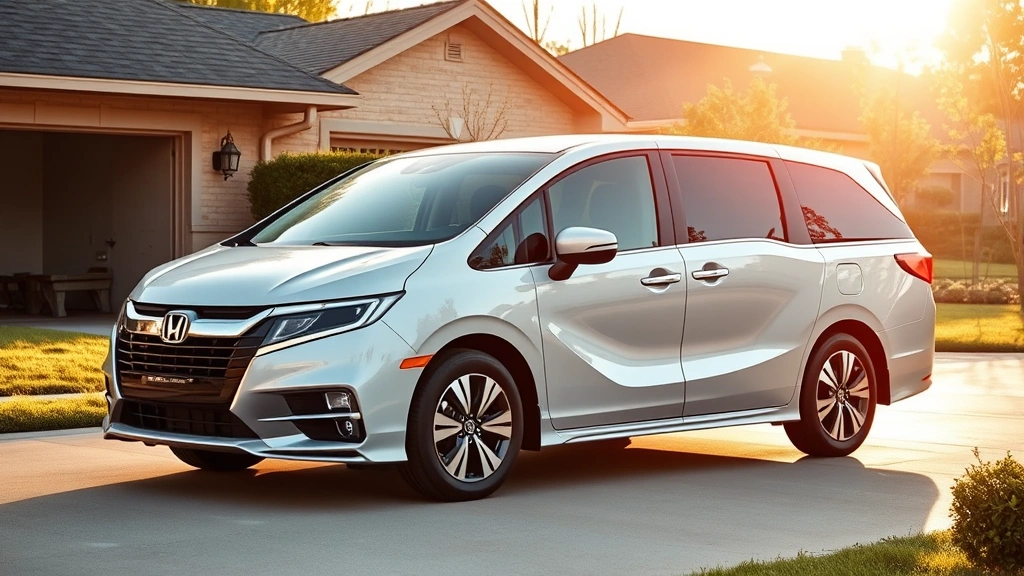 2024 Honda Odyssey minivan parked in suburban driveway, side profile showing sliding doors and modern design, afternoon sunlight, family-oriented setting
