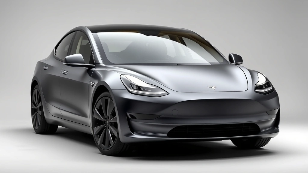 Professional photograph of 2024 Tesla Model 3 Performance in matte gray, three-quarter front view, modern minimalist design, sleek aerodynamic profile, contemporary automotive aesthetic, studio lighting, sharp focus on vehicle details