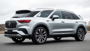 Luxury three-row SUV in silver metallic paint, photographed from three-quarter angle showing elegant exterior lines and premium wheel design, overcast daylight setting