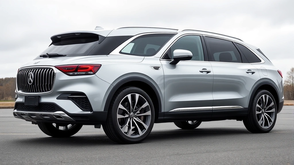 Luxury three-row SUV in silver metallic paint, photographed from three-quarter angle showing elegant exterior lines and premium wheel design, overcast daylight setting