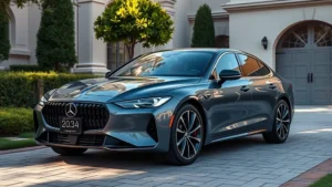 2024 luxury sedan parked in elegant driveway, showing sleek profile with modern LED headlights, premium paint finish, professional automotive photography, daytime natural lighting
