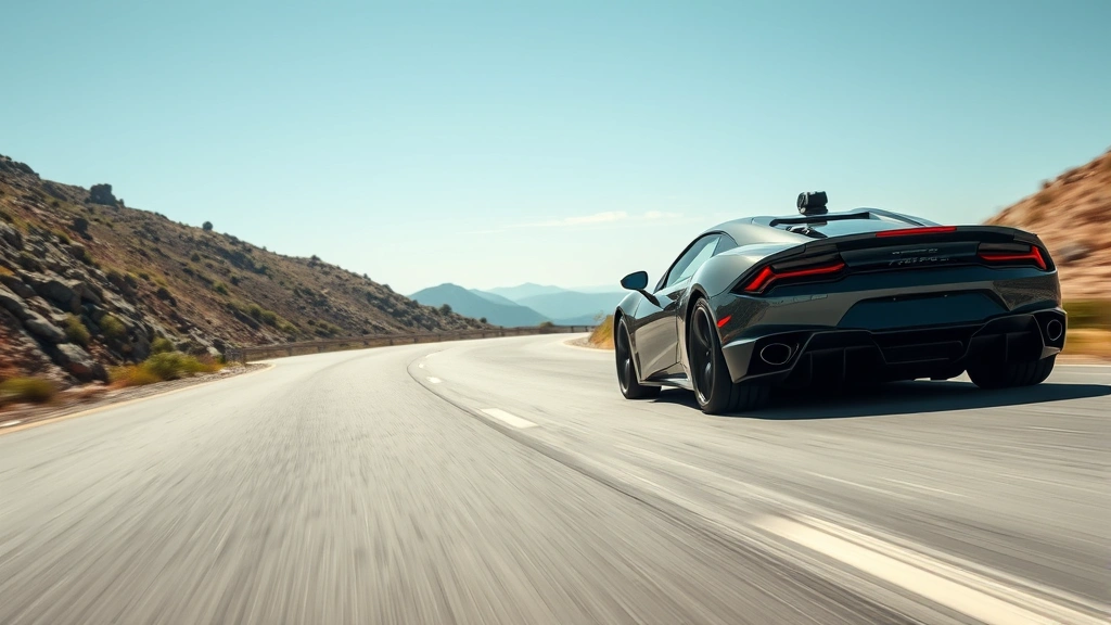 Professional automotive journalist testing sports car on winding mountain road, dynamic driving shot with blurred background showing road curves and clear sky