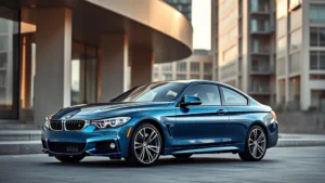 Sleek BMW M440i luxury sedan in metallic blue, photographed from three-quarter angle against modern urban architecture, showcasing elegant body lines and premium design details