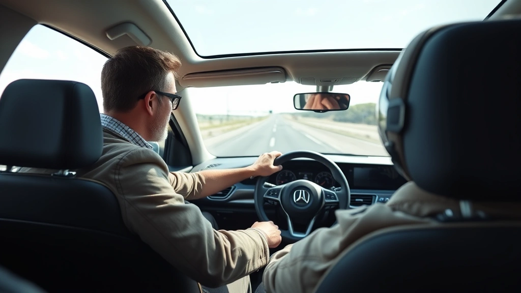 Professional automotive journalist conducting vehicle test drive on open highway with modern sedan, measuring performance metrics and handling characteristics