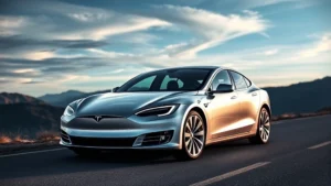 2024 Tesla Model S Plaid silver sedan front three-quarter view on mountain road with dramatic sky, modern minimalist design, sleek aerodynamics visible