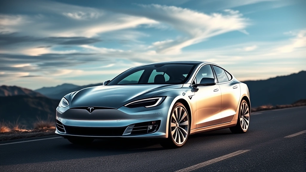 2024 Tesla Model S Plaid silver sedan front three-quarter view on mountain road with dramatic sky, modern minimalist design, sleek aerodynamics visible