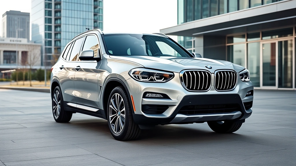 Professional photography of sleek 2024 BMW X3 luxury compact SUV, silver metallic paint, photographed from three-quarter front angle in modern urban setting with contemporary architecture background, natural daylight, premium automotive detail focus