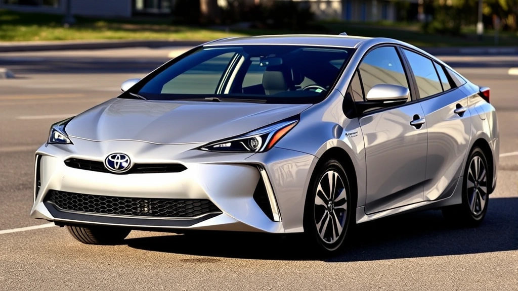 2024 Toyota Prius Prime in silver, three-quarter front view, modern sleek sedan design, parked on clean pavement with morning sunlight, hybrid badge visible, contemporary automotive photography style