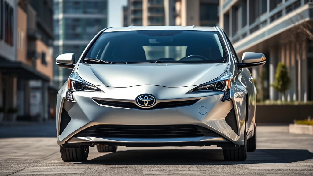 Modern Toyota Prius hybrid sedan in silver, front three-quarter view, parked in contemporary urban setting with modern buildings, daytime lighting, professional automotive photography